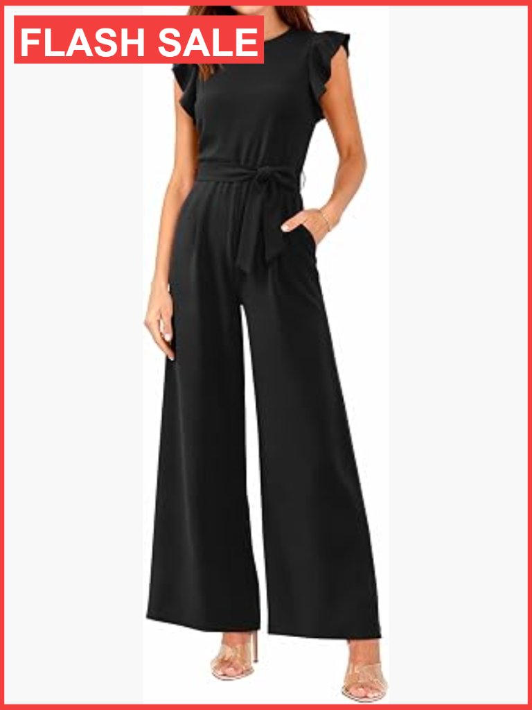 Dressy Jumpsuit Womens Crew Neck Cap Sleeve High Waist Wide Leg Romper One